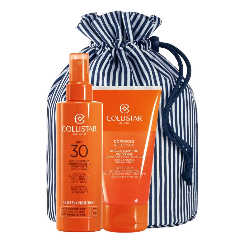 Collistar Cofanetto Regalo Latte Spray Abbronzante Idratante SPF 30 200 ML, Doccia Shampoo Doposole 150 ML E Pochette