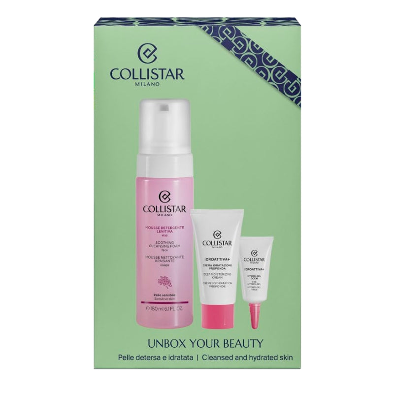 Collistar Cofanetto Regalo Mousse Detergente Lenitiva 180 ML, Crema Viso Idroattiva 25 ML E Mini Hydro Gel Occhi 5 ML