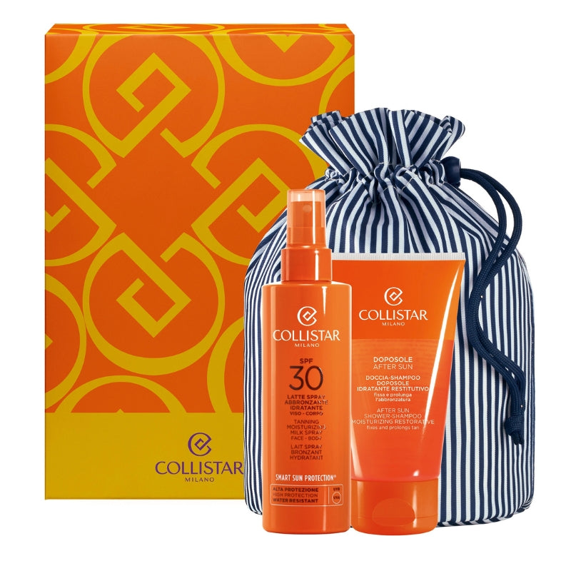 Collistar Cofanetto Regalo Latte Spray Abbronzante Idratante SPF 30 200 ML, Doccia Shampoo Doposole 150 ML E Pochette