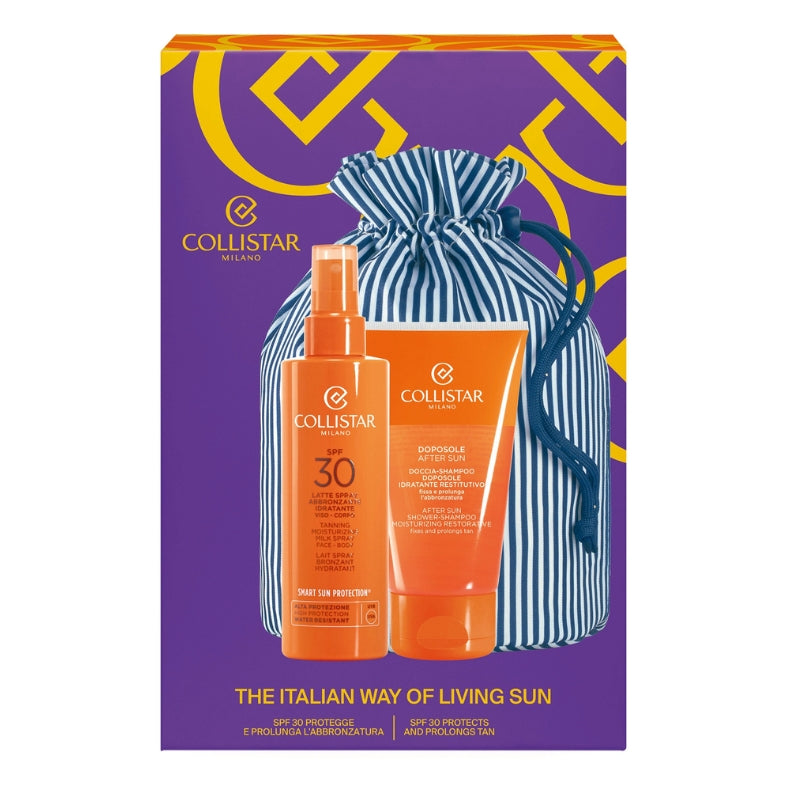 Collistar Cofanetto Regalo Latte Spray Abbronzante Idratante SPF 30 200 ML, Doccia Shampoo Doposole 150 ML E Pochette