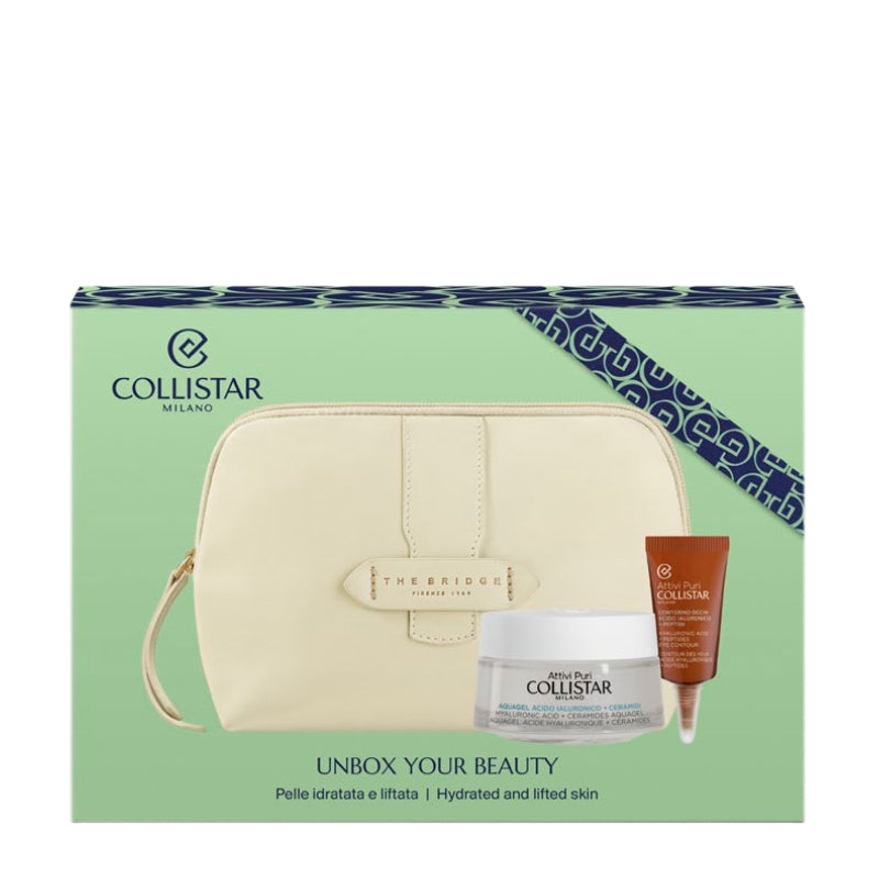 Collistar Cofanetto Regalo Aquagel Acido Ialuronico 50 ML, Mini Contorno Occhi Attivi Puri 5 ML E Pochette