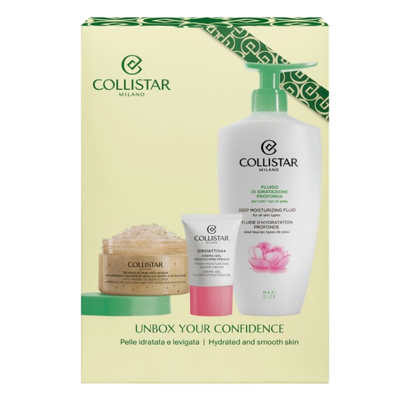 Collistar Cofanetto Regalo Fluido Di Idratazione Profonda 400  ML, Talasso Scrub Anti Acqua 150 Gr E Mini Idroattiva Crema Gel 15  ML