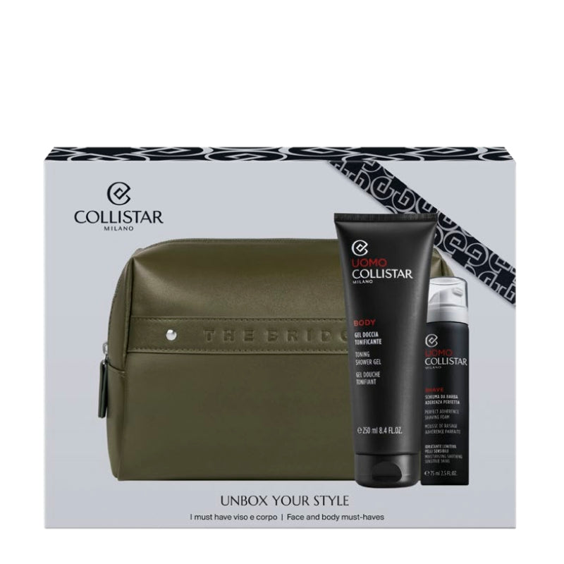 Collistar Cofanetto Regalo Uomo Gel Doccia Tonificante 250 ML, Schiuma Da Barba 75 ML E Pochette